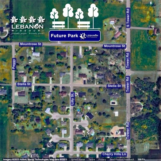 Aerial map graphic showing the proposed location of a future City of Lebanon park along Mountrose Street. The area is bordered by Tower Road to the east, Peggy Street to the west, Stella Street to the south, and nearby residential streets including Lilly Street and Cherry Hills Lane. The map includes City of Lebanon and Parks Department branding and labels the site as ‘Future Park.’
