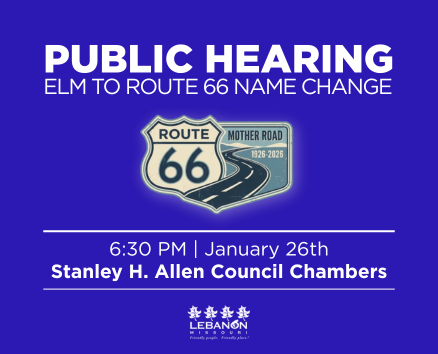Graphic for the Elm Street to Route 66 name change. Includes City of Lebanon logo, Route 66 shield, 