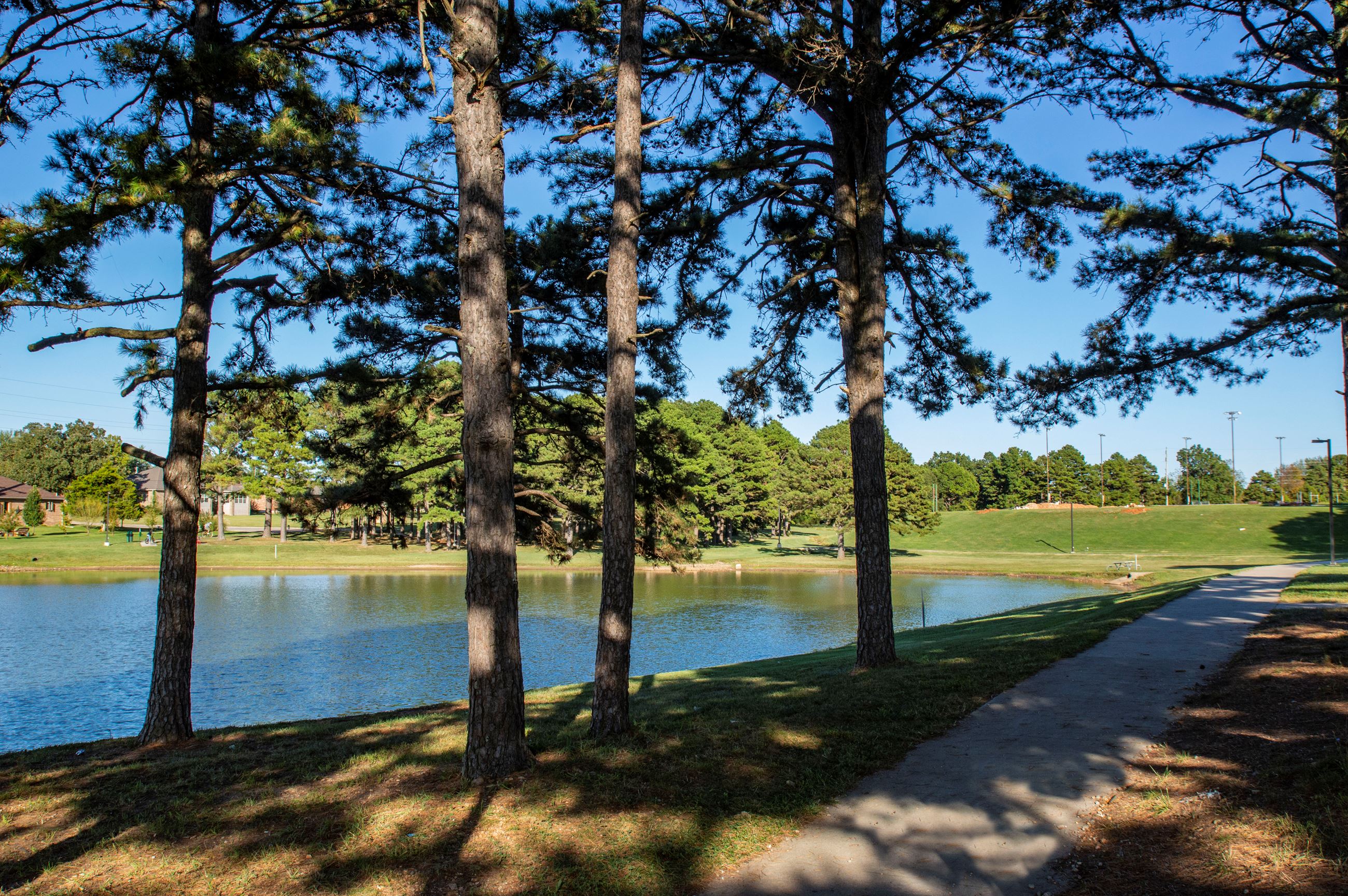 Nelson Lake in Lebanon, Missouri, showing calm water, lighted walking trail, and surrounding trees.